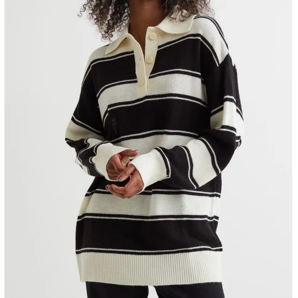 H&M Divided Striped Black and White Women's Collared Long Sweater Size XXL